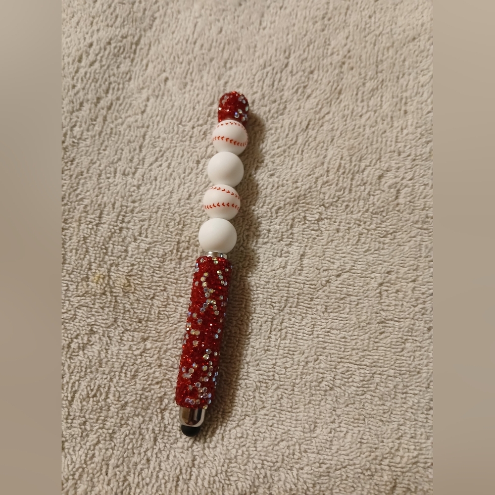 Rhinestone Red Beaded Stylus Pen with Baseball Accent